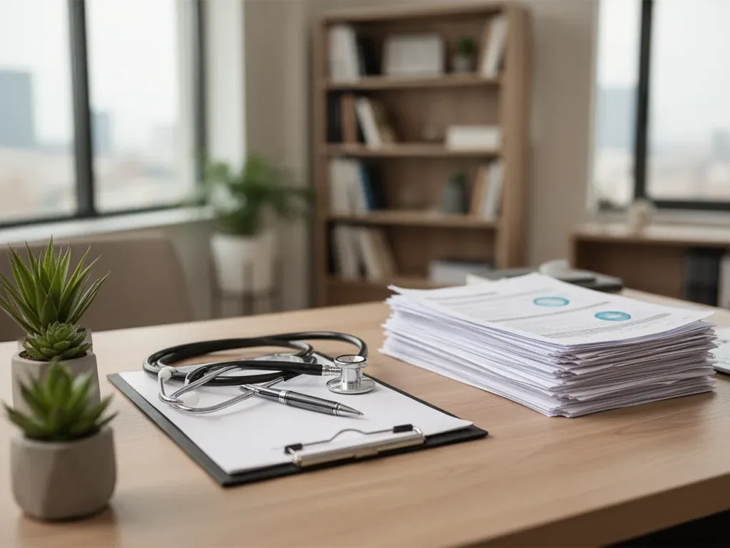 Biurko psychiatry z notatnikiem, stetoskopem i dokumentami finansowymi, symbolizujące zarobki w spokojnym gabinecie