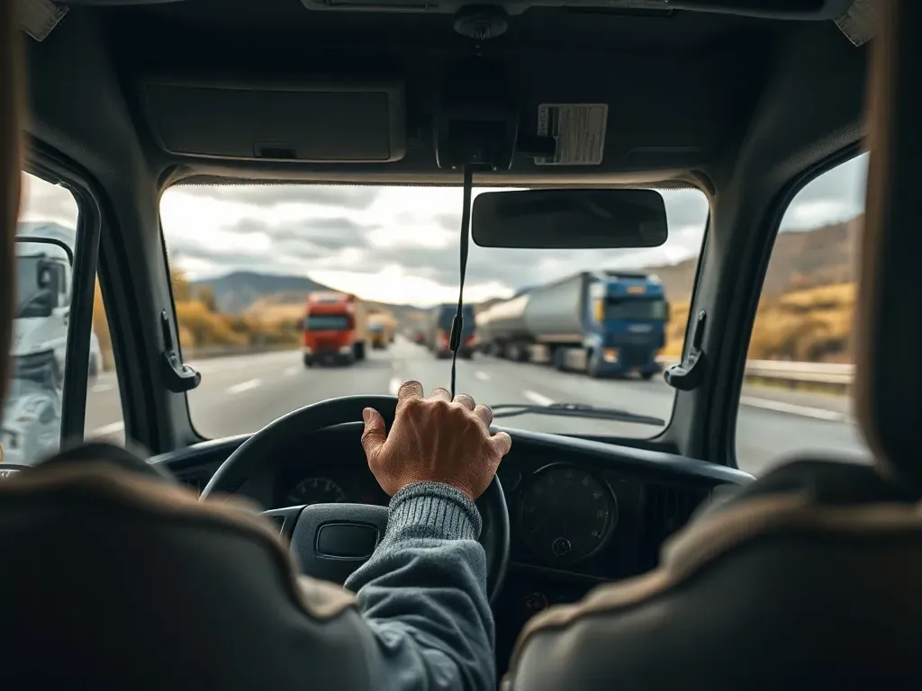 Kierowca tira prowadzi nowoczesną ciężarówkę na autostradzie, w tle inne kolorowe ciężarówki i pagórkowaty krajobraz