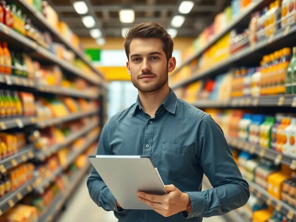 Kierownik supermarketu w alejce sklepu spożywczego, z klipbordem w ręku, pewna postura, jasne, uporządkowane wnętrze.
