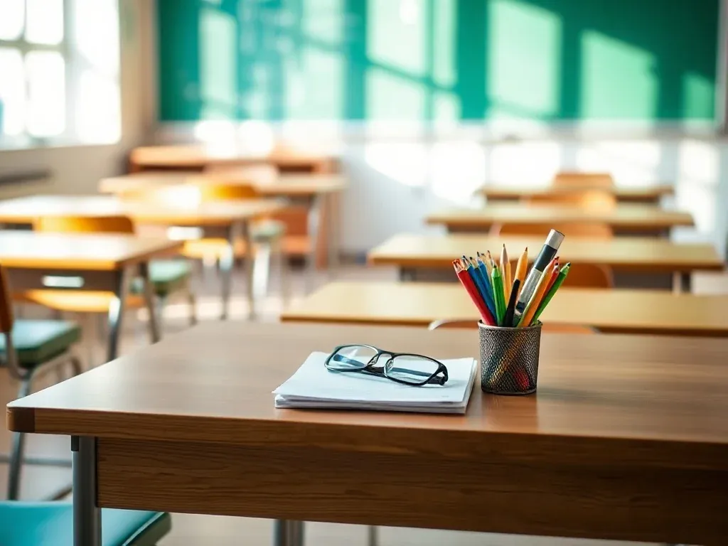 Biurko pedagoga szkolnego z laptopem i notatkami na tle pustej sali lekcyjnej, podkreślające warunki pracy i zawód.