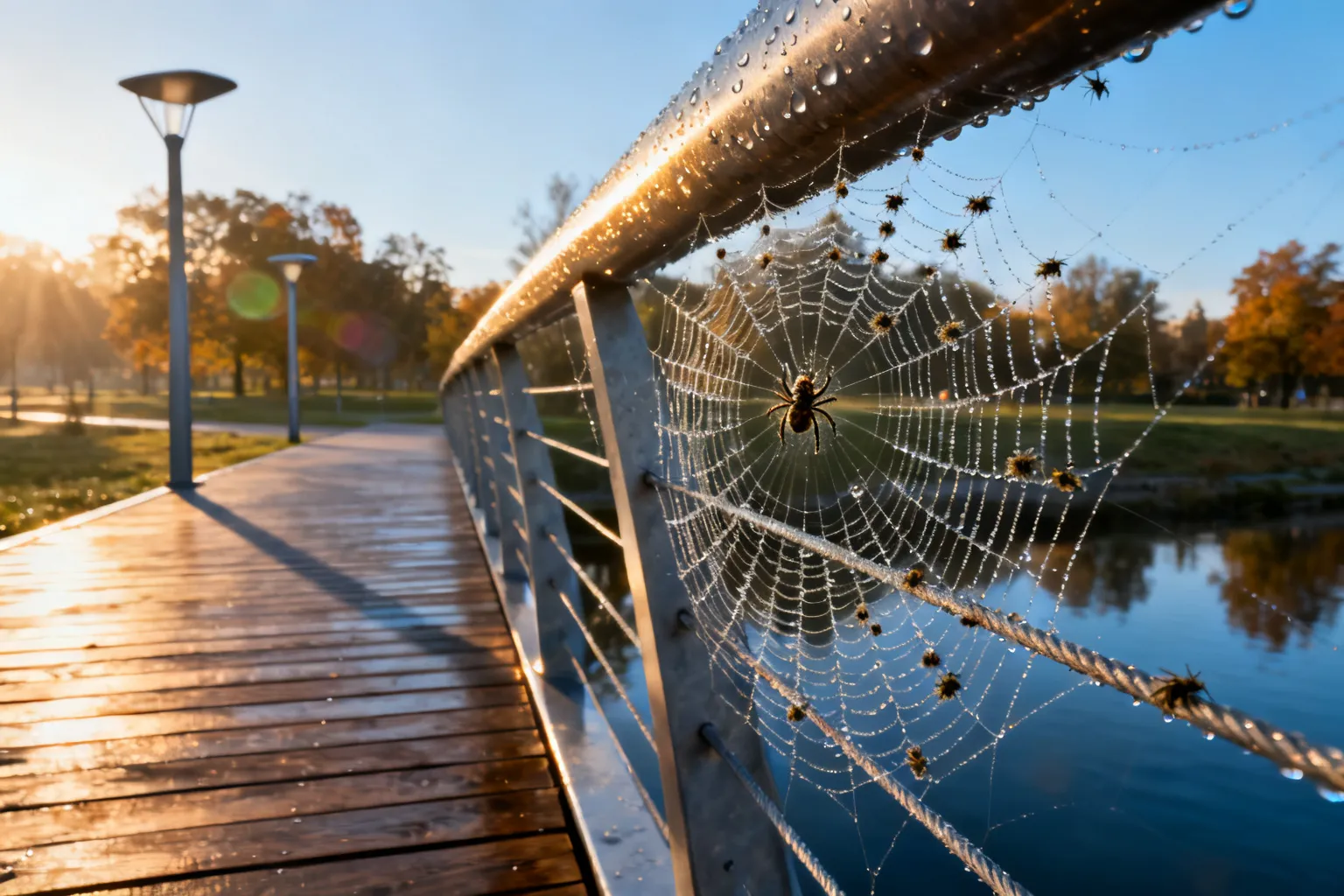Pająki na Moście Podgórzanek w Krakowie — pajęczyny i skupiska owadów