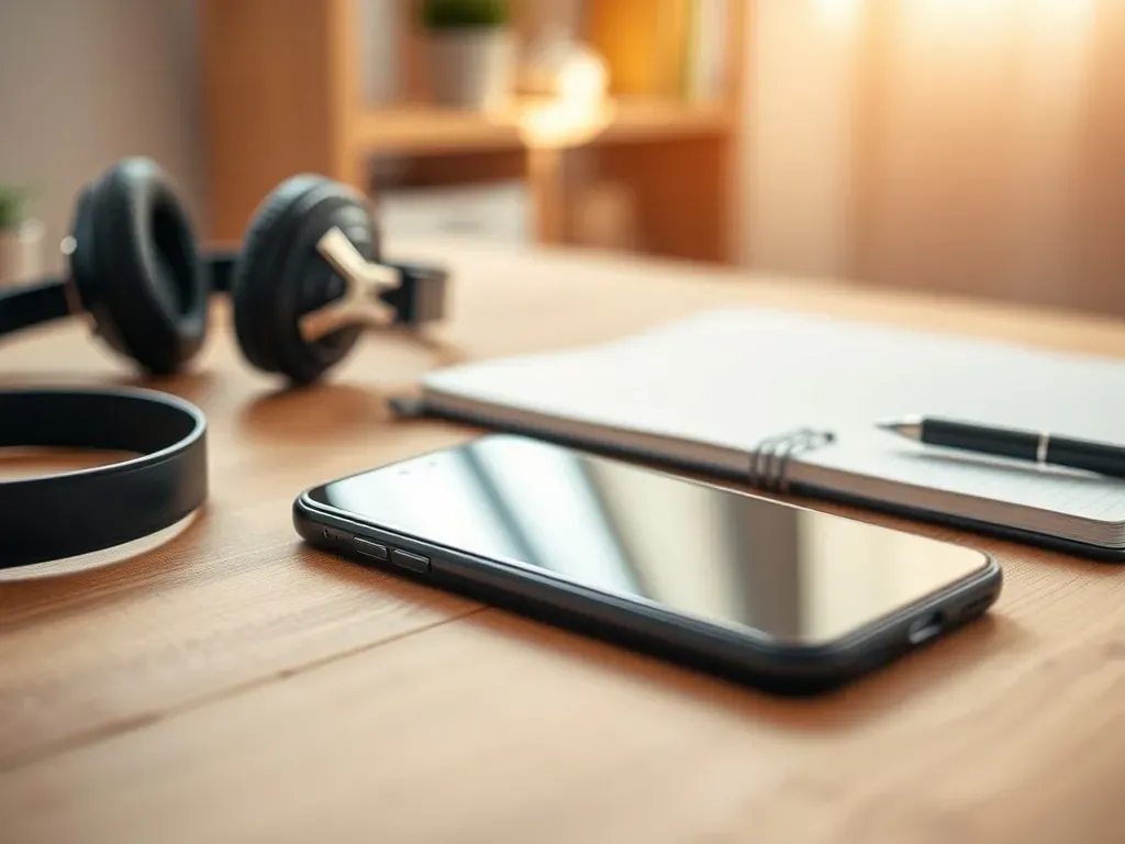 Smartfon z włączoną platformą wideo na biurku, obok notes i słuchawki, przytulna domowa przestrzeń pracy twórcy.
