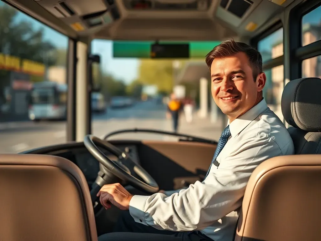 Kierowca autobusu miejskiego w czystym uniformie za kierownicą, spokojna atmosfera pracy, nowoczesne wnętrze pojazdu