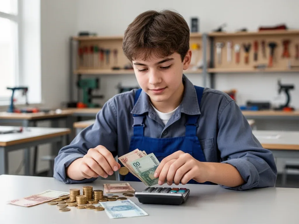 Uczeń szkoły zawodowej liczy monety i banknoty kalkulatorem, symbolizując wysokość zarobków praktykanta w 1 klasie zawodowej.