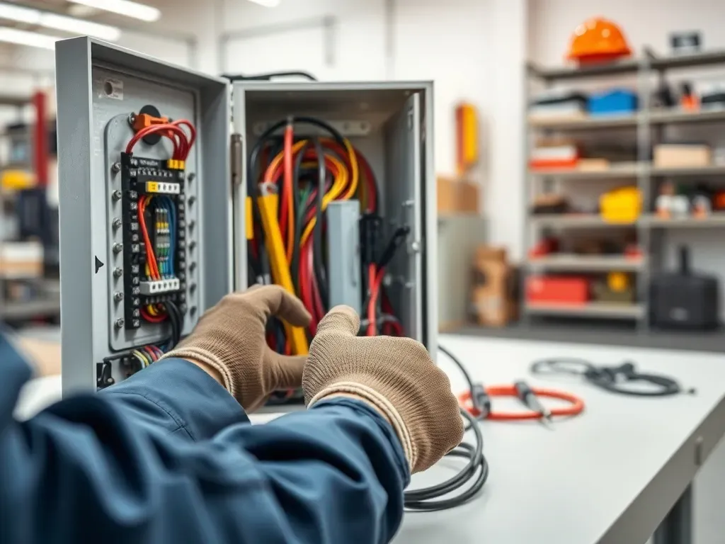Elektromechanik w rękawicach pracuje przy otwartej szafie sterowniczej, symbolizując specjalistyczny, dobrze płatny zawód