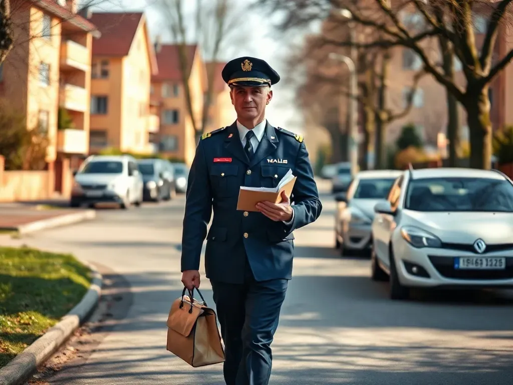 Listonosz w schludnym mundurze roznosi listy na spokojnej osiedlowej ulicy, symbolizując codzienną pracę i obowiązki zawodowe.