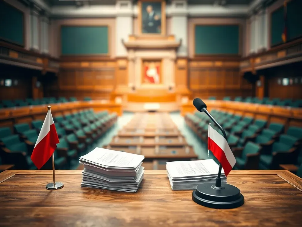 Biurko marszałka Sejmu z dokumentami, mikrofonem i małą polską flagą na tle sali sejmowej, symbol władzy i wynagrodzenia.